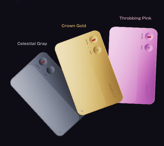 Celestial Gray、Crown Gold、Throbbing PinkのMMEETT AIビジネスカード